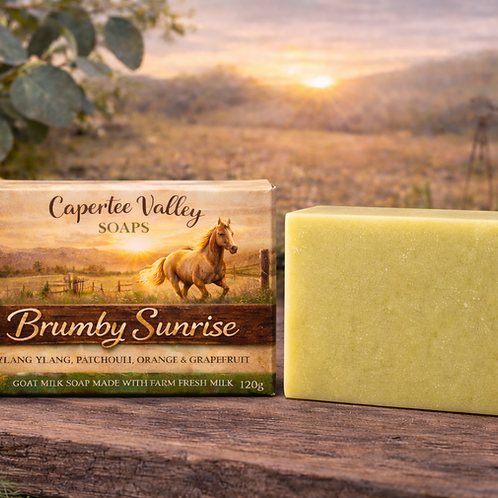 Brumby Sunrise Australian handmade goat milk soap with Australian kaolin clay, orange, grapefruit, patchouli and ylang ylang essential oils